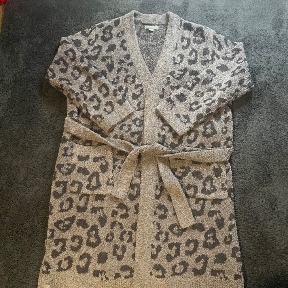 Barefoot Dreams Robe Women M Grey Leopard CozyChic In The Wild Belted Loungewear